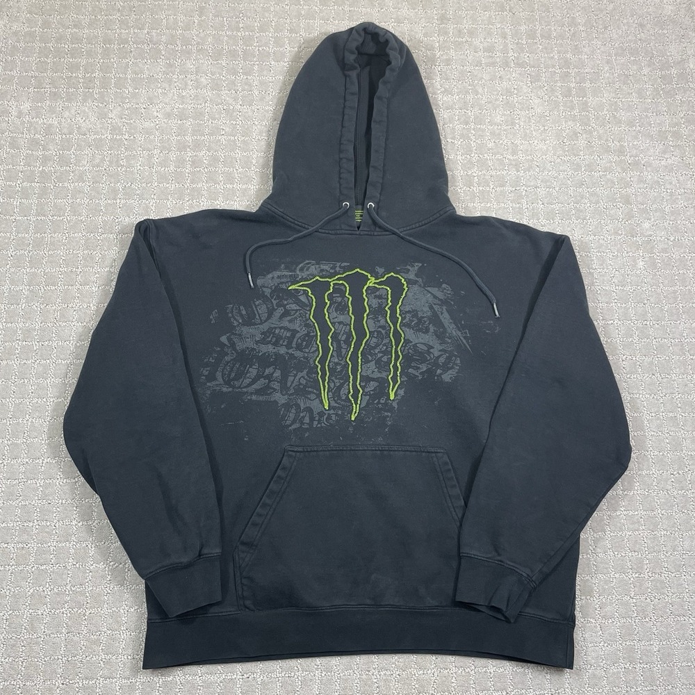 Monster Energy Hoodie Mens XL Black Pullover Old English Kangaroo Pocket Y2K
